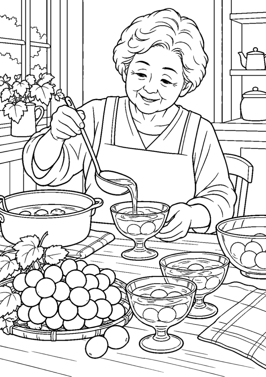 ぶどうゼリー作りを10月の場面として描いた高齢者向けの白黒線画塗り絵