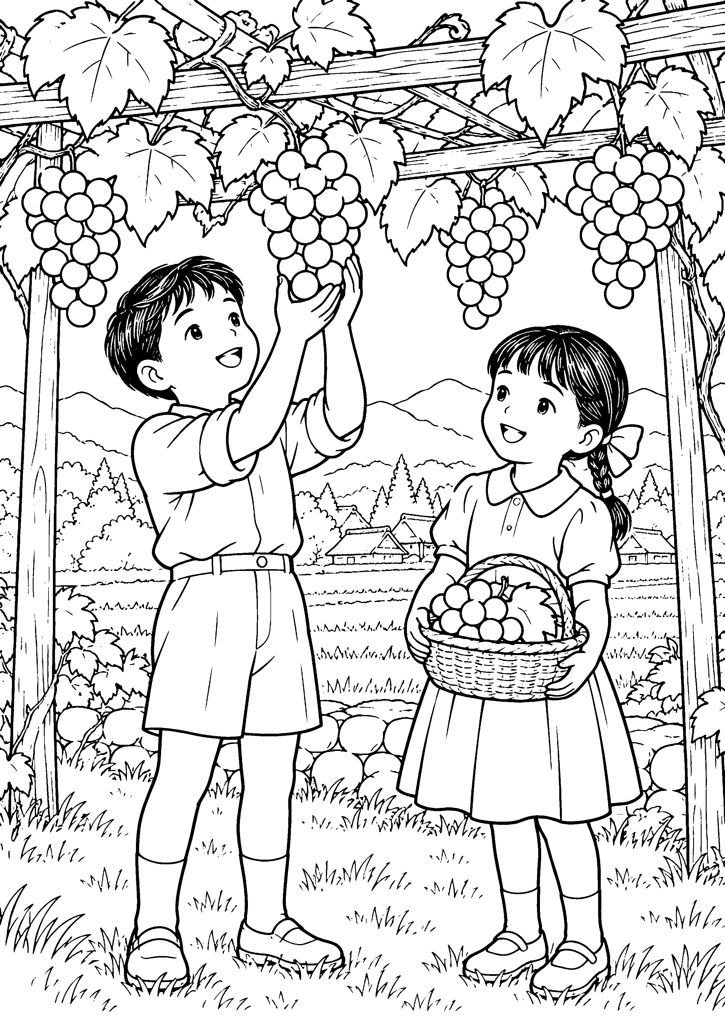 秋のぶどう棚で実を収穫する子どもたちの白黒塗り絵