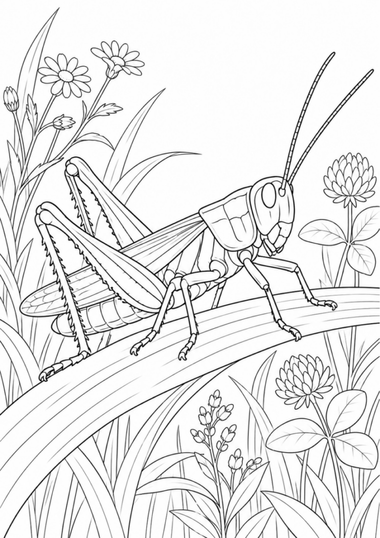 草むらのバッタを描いた高齢者向けの白黒線画塗り絵