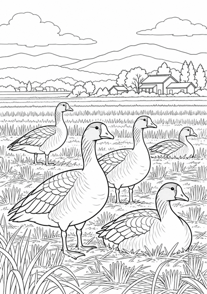 田んぼで休むマガンを10月の場面として描いた高齢者向けの白黒線画塗り絵