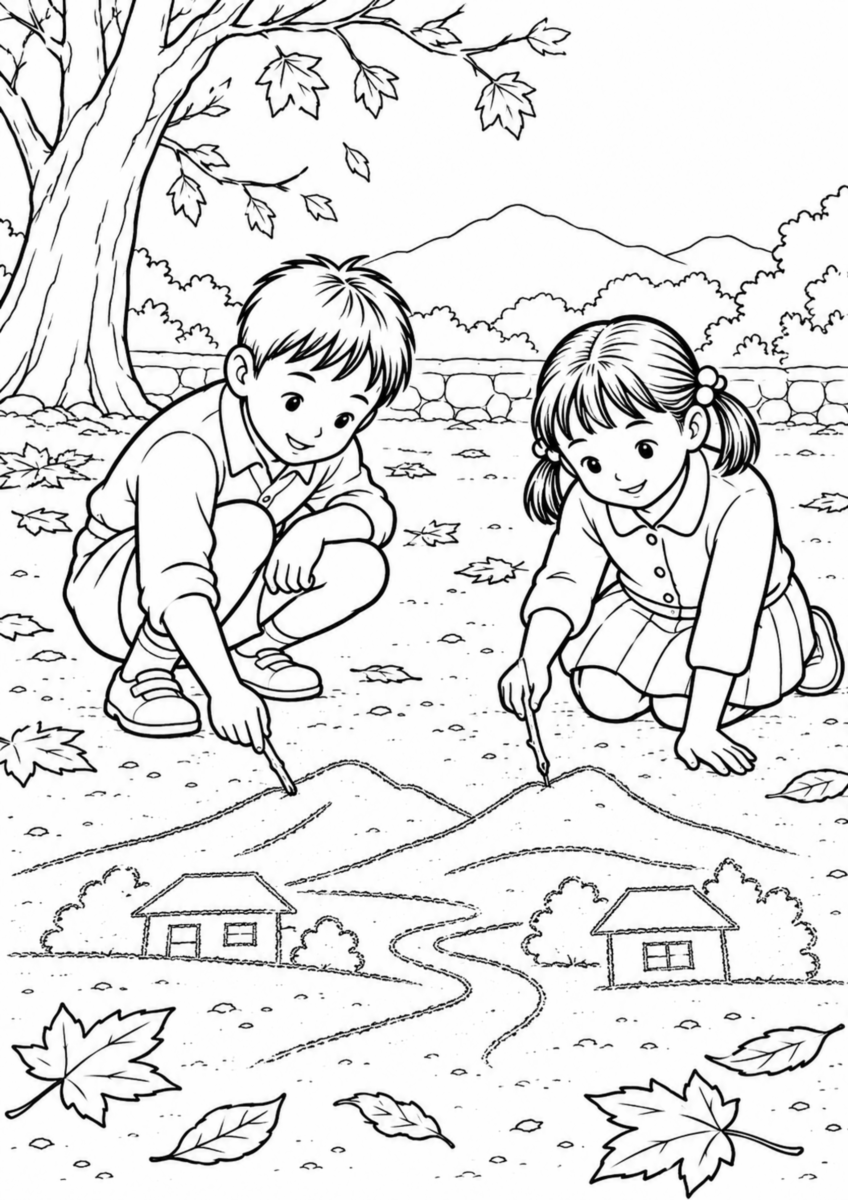 落ち葉のある土の広場で、二人の子どもが短い木の枝を使い、地面に家と山の大きな絵を描いている様子を、太く見やすい黒線で描いた高齢者向け塗り絵