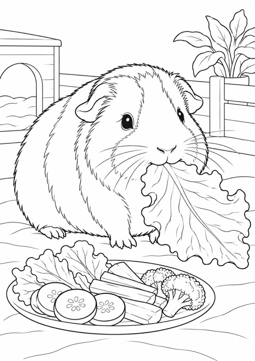 野菜を食べるモルモットを描いた高齢者向けの白黒線画塗り絵