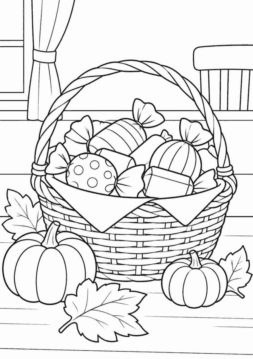 かごに入ったお菓子とかぼちゃを描いた高齢者向けハロウィンの白黒塗り絵