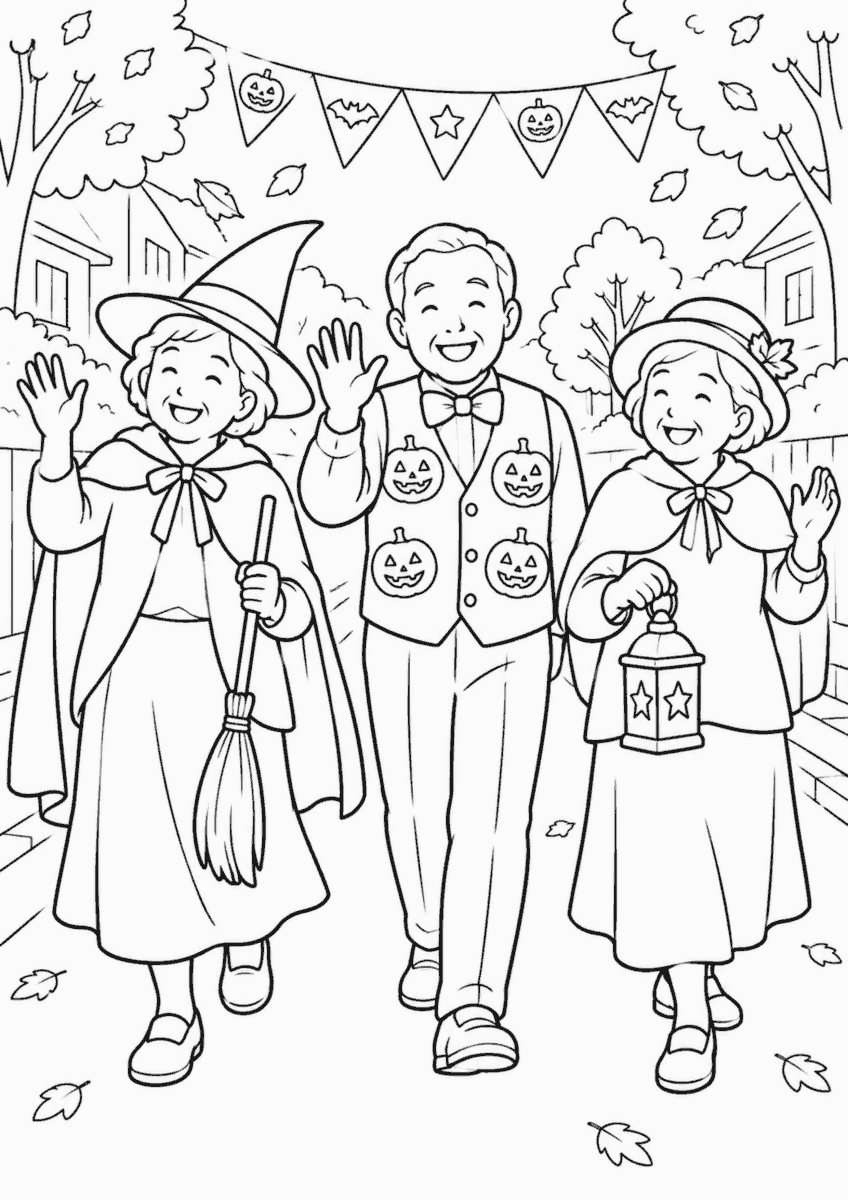 三人の高齢者が地域のハロウィン仮装パレードを楽しむ白黒線画の塗り絵