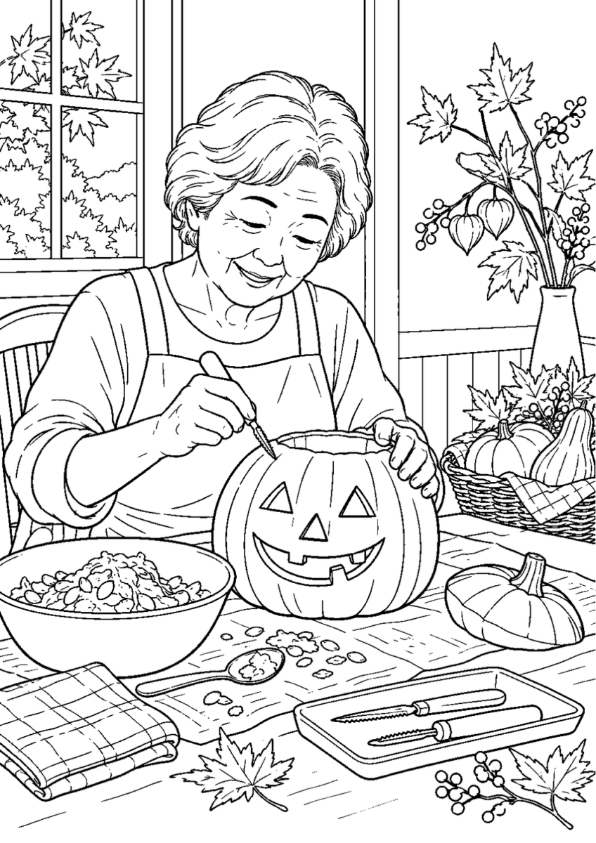 ハロウィンのかぼちゃランタン作りを10月の場面として描いた高齢者向けの白黒線画塗り絵