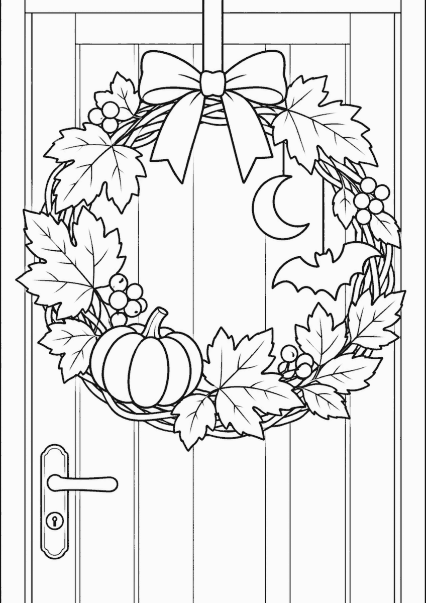 秋の葉とかぼちゃを飾った玄関リースを描いた高齢者向けハロウィンの白黒塗り絵