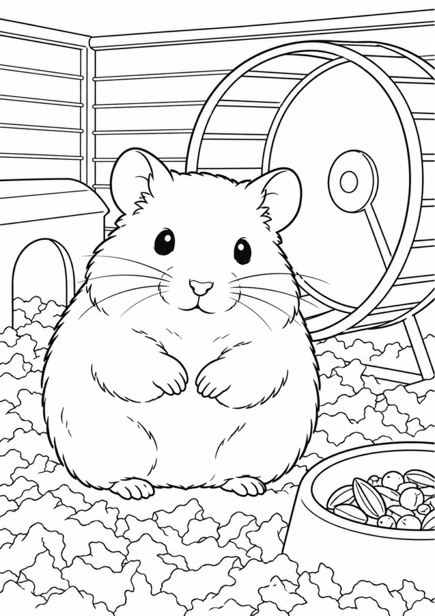 回し車のそばのハムスターを描いた高齢者向けの白黒線画塗り絵