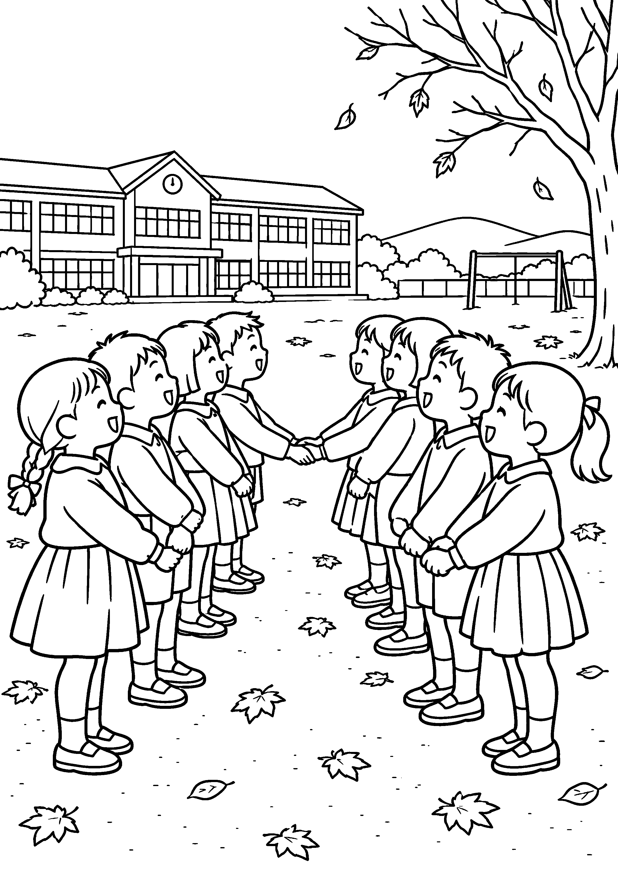 落ち葉のある昭和の校庭で、二組の子どもが横一列に手をつなぎ、向かい合って歌っている様子を、太く見やすい黒線で描いた高齢者向け塗り絵