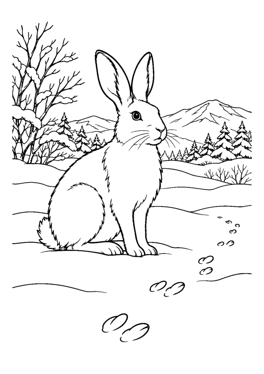 雪原で耳を立てる野うさぎ1匹と足跡。白黒の高齢者向け塗り絵