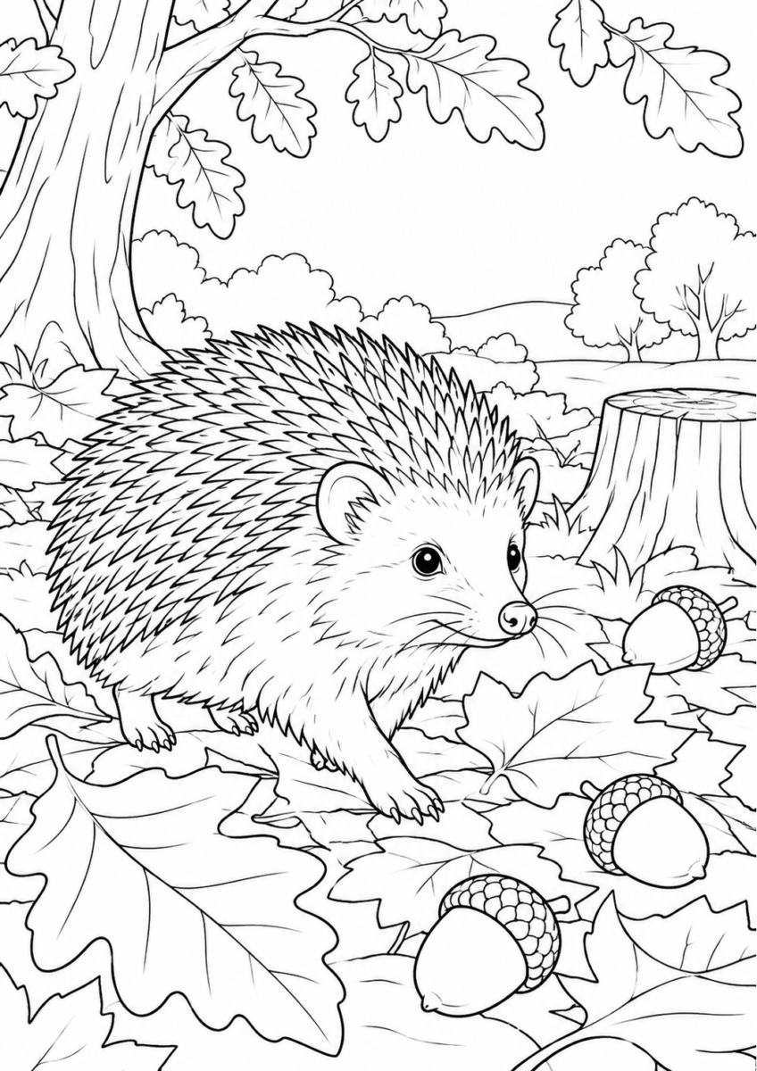 落ち葉の中のハリネズミを10月の場面として描いた高齢者向けの白黒線画塗り絵