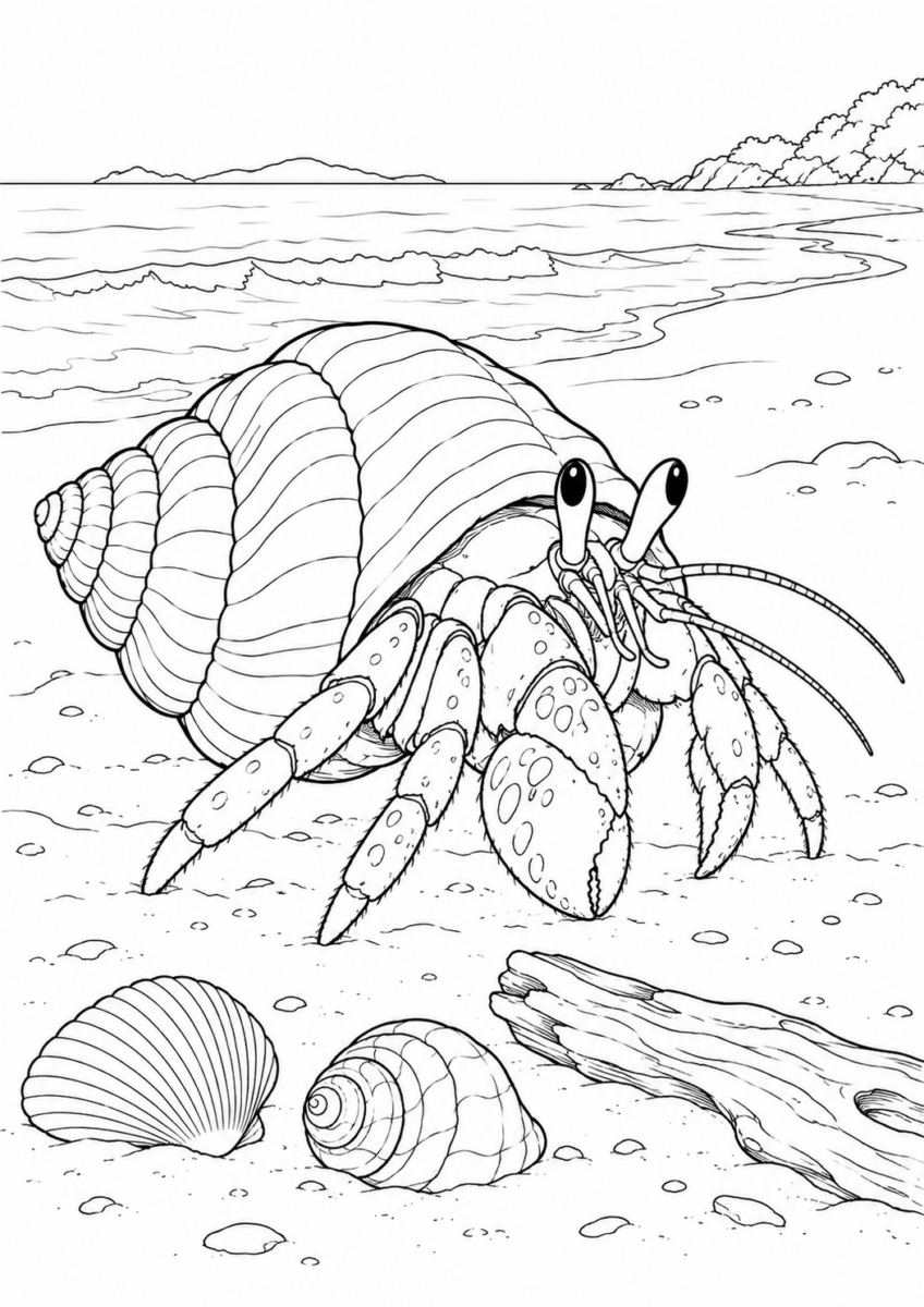 砂浜のヤドカリを描いた高齢者向けの白黒線画塗り絵