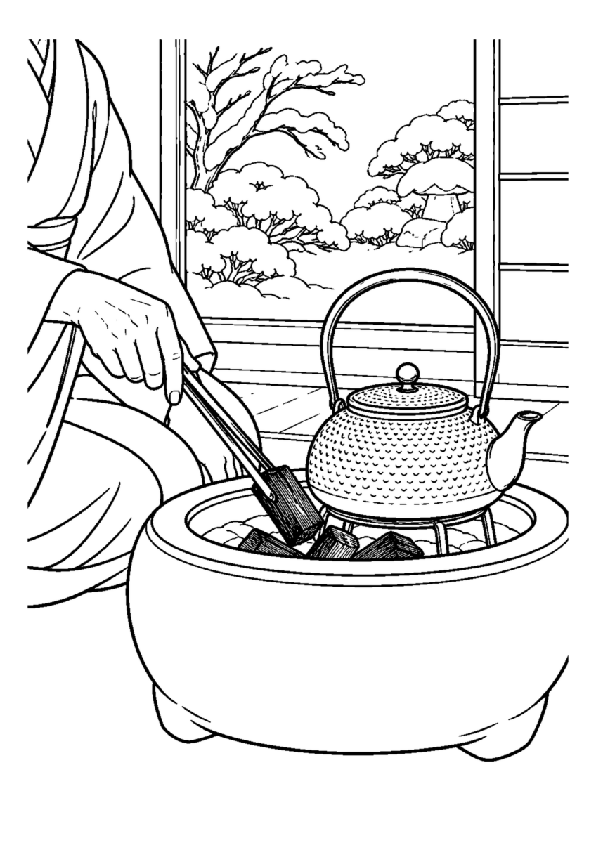 火鉢へ炭を火箸で入れる手元と鉄瓶。白黒の高齢者向け塗り絵