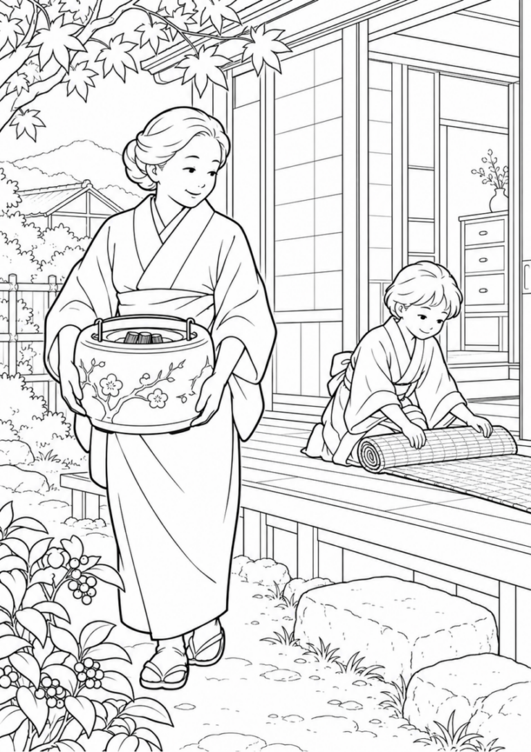 火鉢を出す冬支度を10月の場面として描いた高齢者向けの白黒線画塗り絵