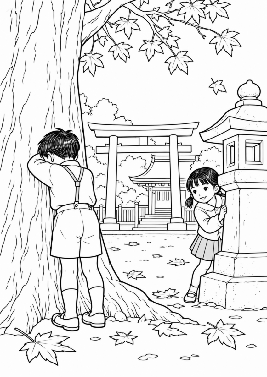 落ち葉のある神社の境内で、一人の子どもが大きな木の幹に顔を伏せ、もう一人が石灯籠の陰へ隠れようとしている様子を、太く見やすい黒線で描いた高齢者向け塗り絵