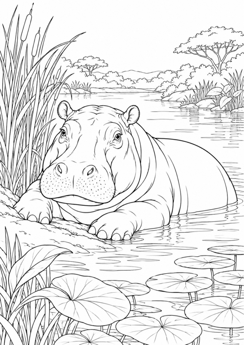 水辺で休むカバを描いた高齢者向けの白黒線画塗り絵