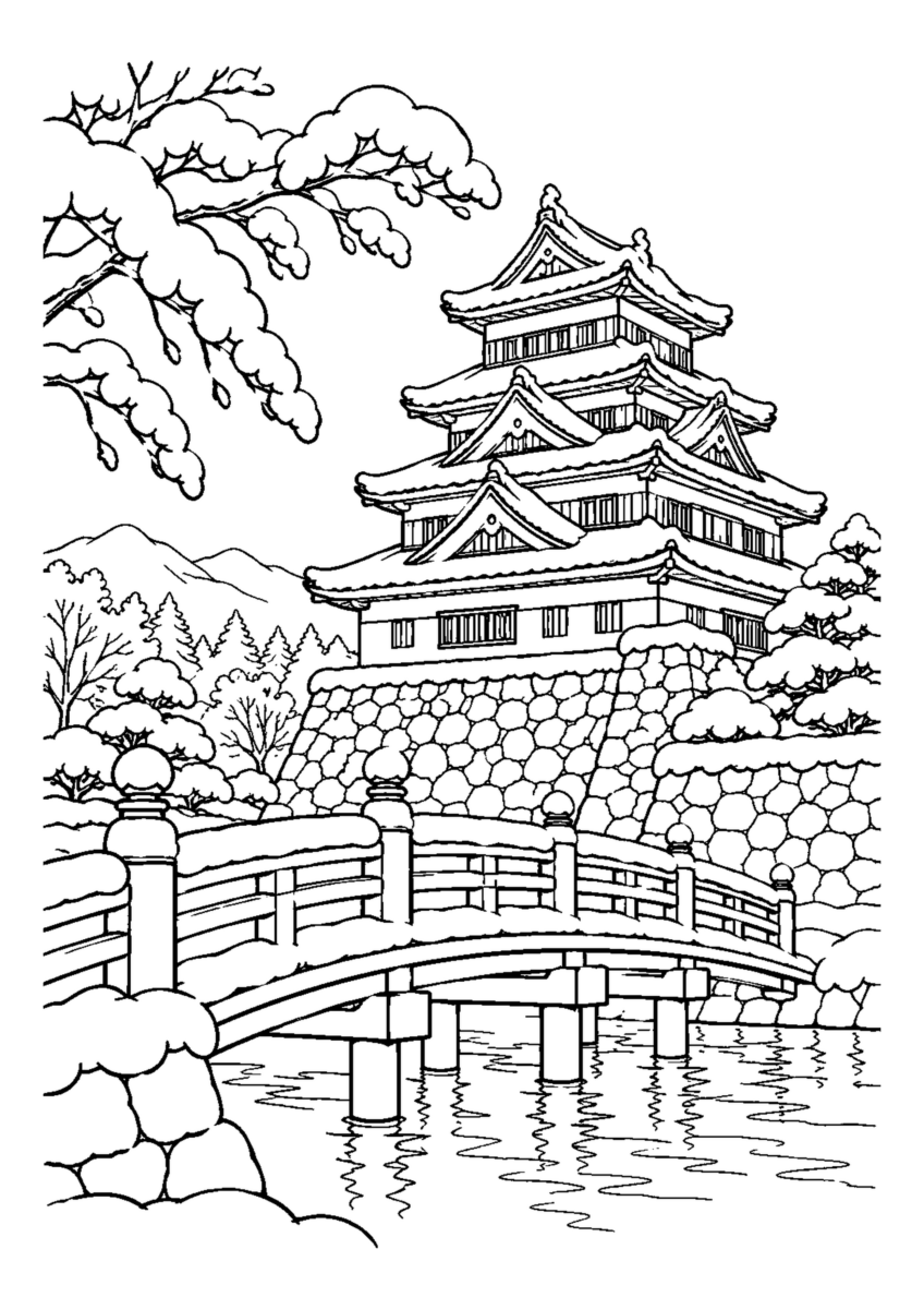 雪をのせた天守と赤い橋。白黒の高齢者向け塗り絵