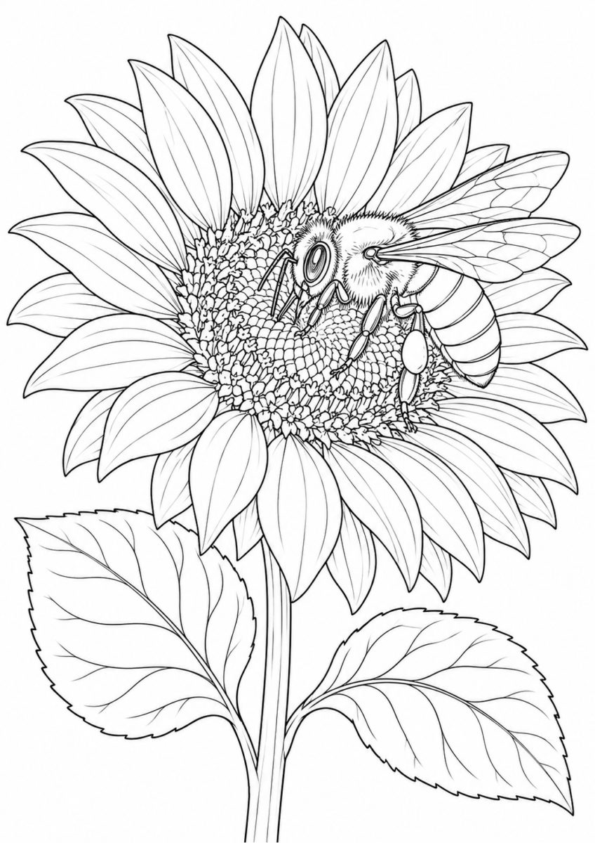 ひまわりとミツバチを描いた高齢者向けの白黒線画塗り絵