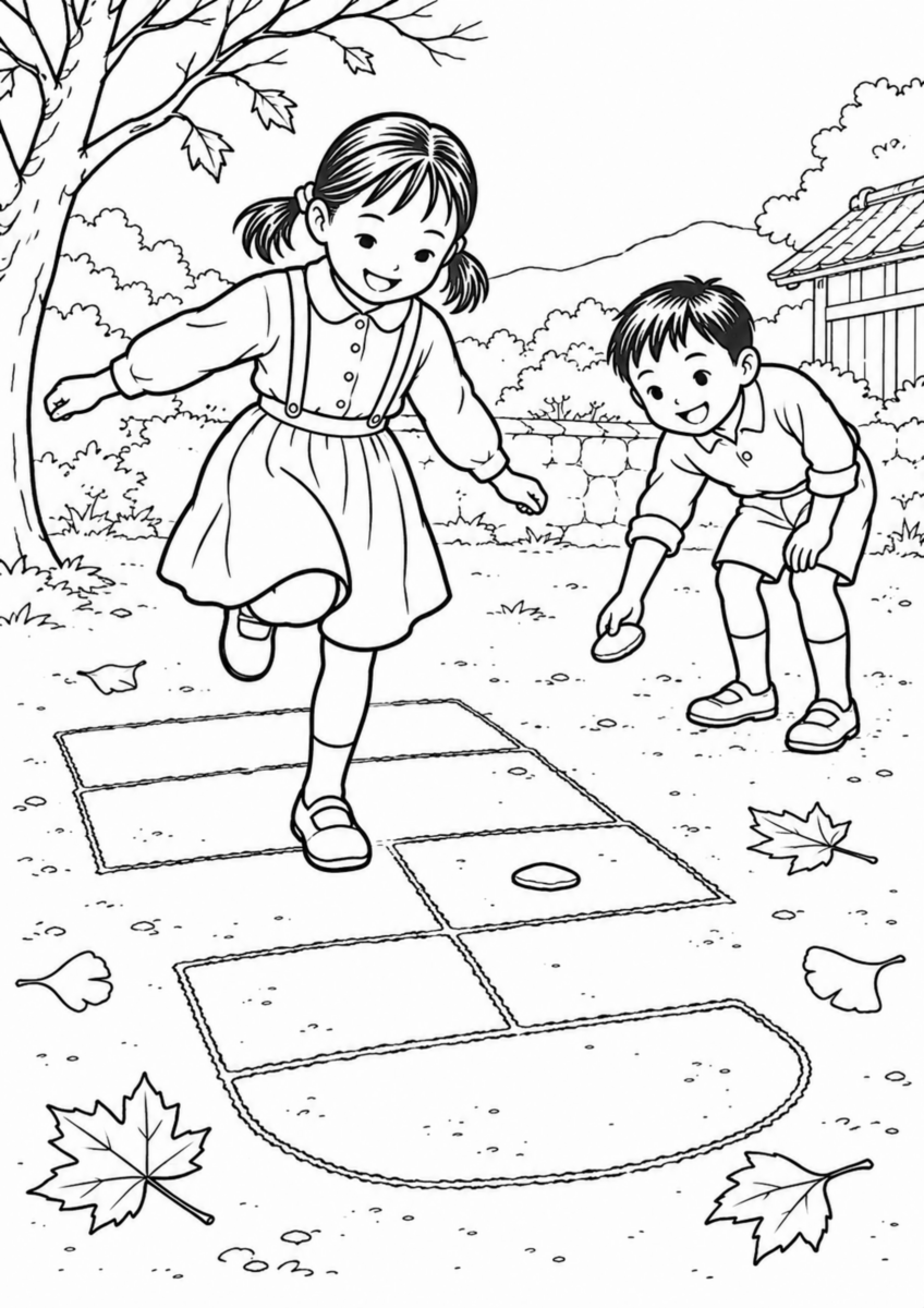 土の地面に大きく簡単な升目を描き、二人の子どもが平たい石を投げて片足で進んでいる様子を、太く見やすい黒線で描いた高齢者向け塗り絵