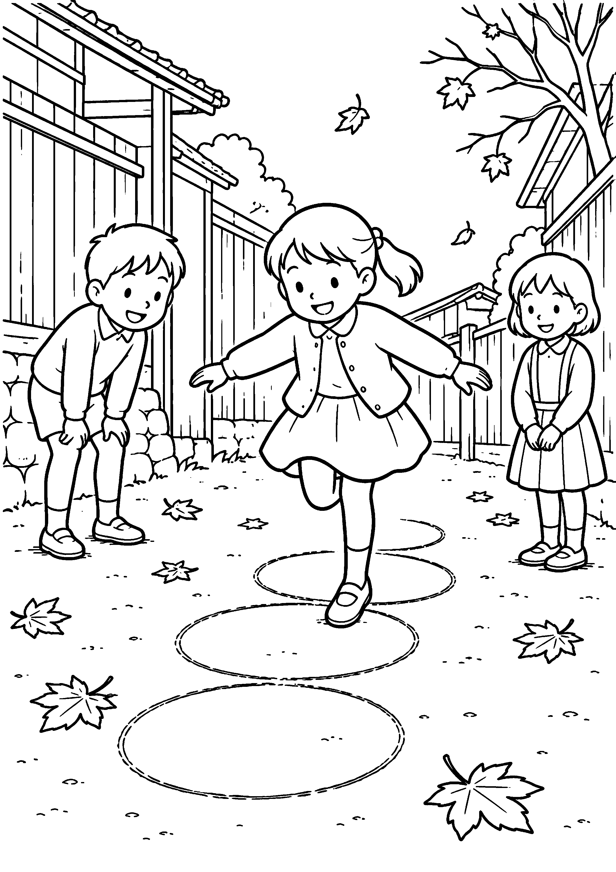 落ち葉のある昭和の路地で、子どもが地面に描いた丸を片足と両足で跳んでいる様子を、太く見やすい黒線で描いた高齢者向け塗り絵