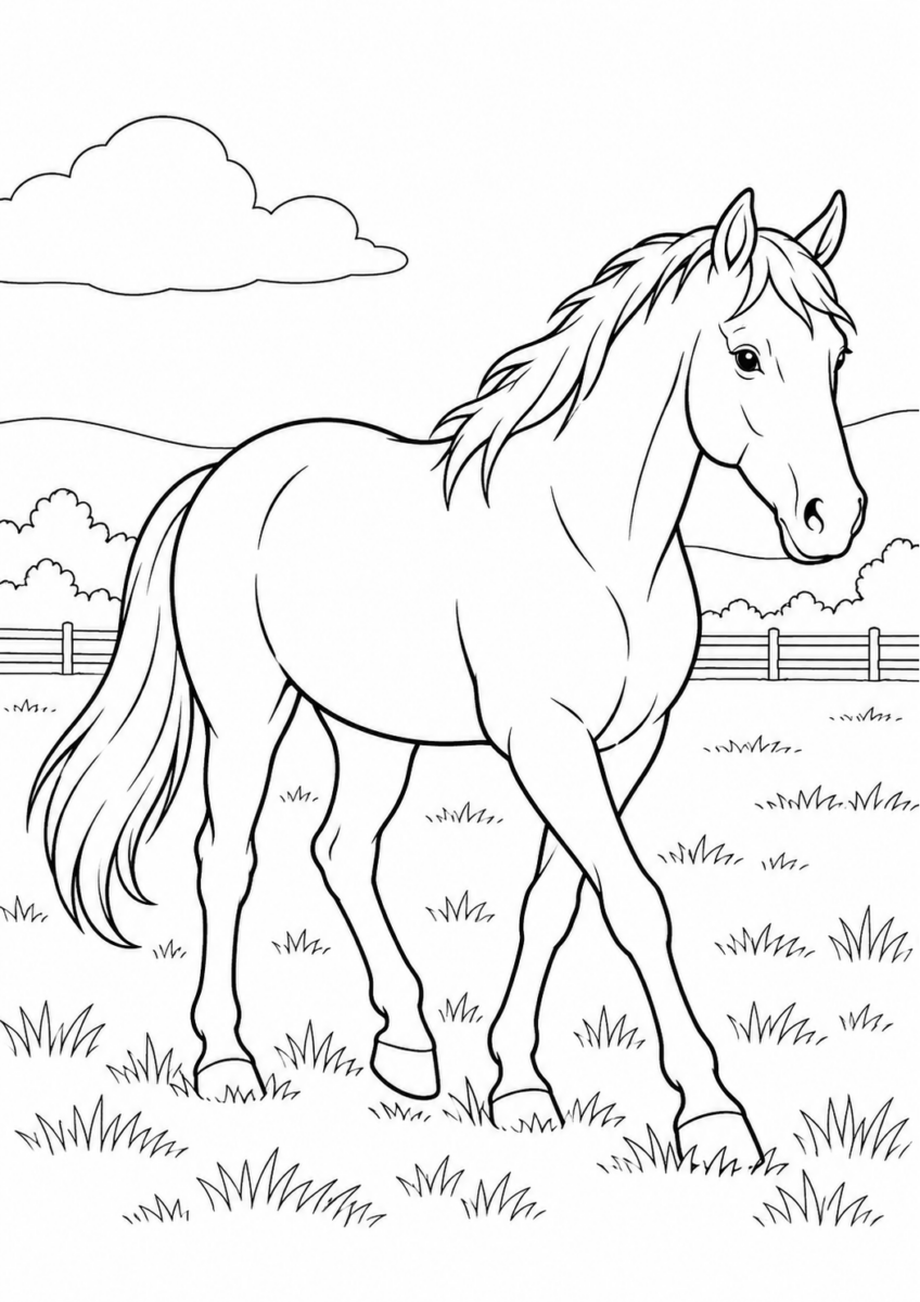 草原を歩く馬を描いた高齢者向けの白黒線画塗り絵