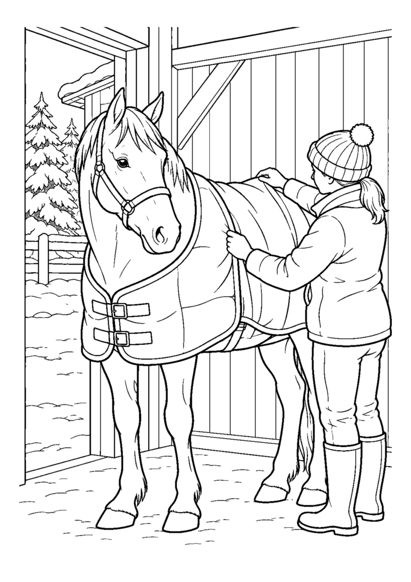 厩舎で馬1頭へ厚い馬着を掛ける手元。白黒の高齢者向け塗り絵