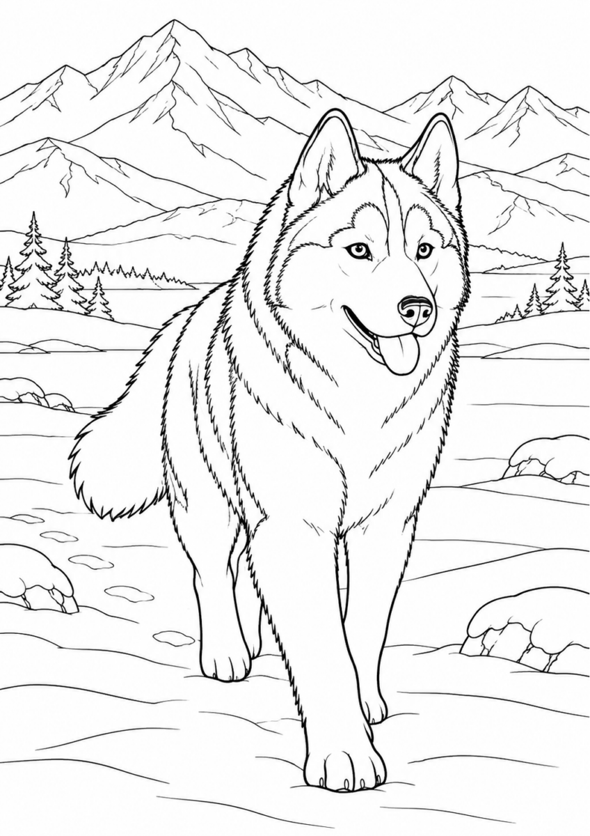 雪原を進むハスキーを描いた高齢者向けの白黒線画塗り絵