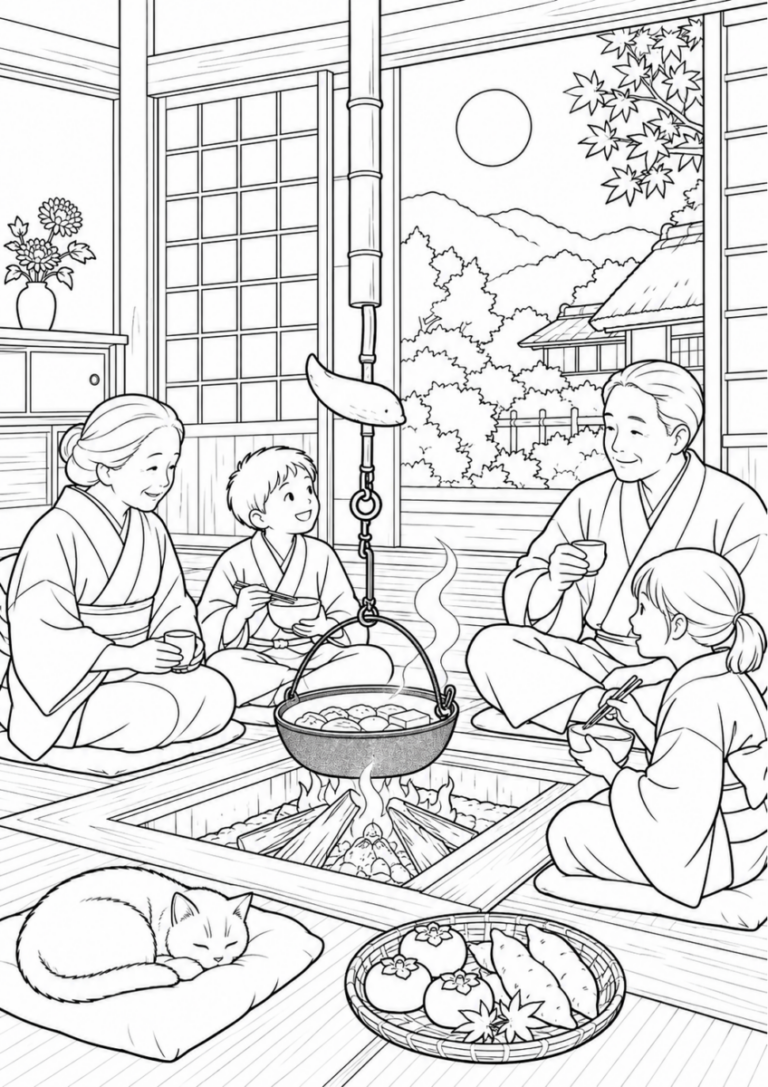 囲炉裏で鍋を囲むを10月の場面として描いた高齢者向けの白黒線画塗り絵