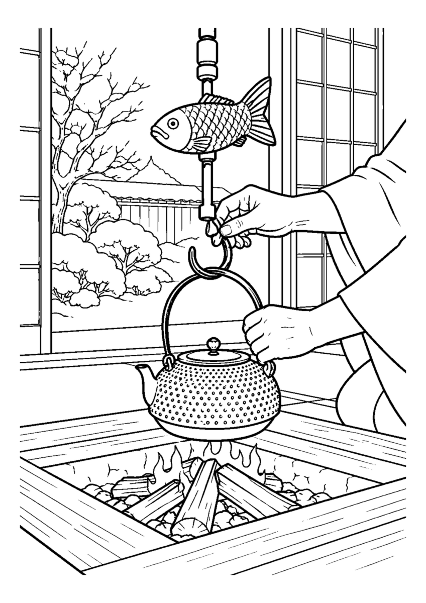 【１２月】囲炉裏で鉄瓶を温めるの塗り絵