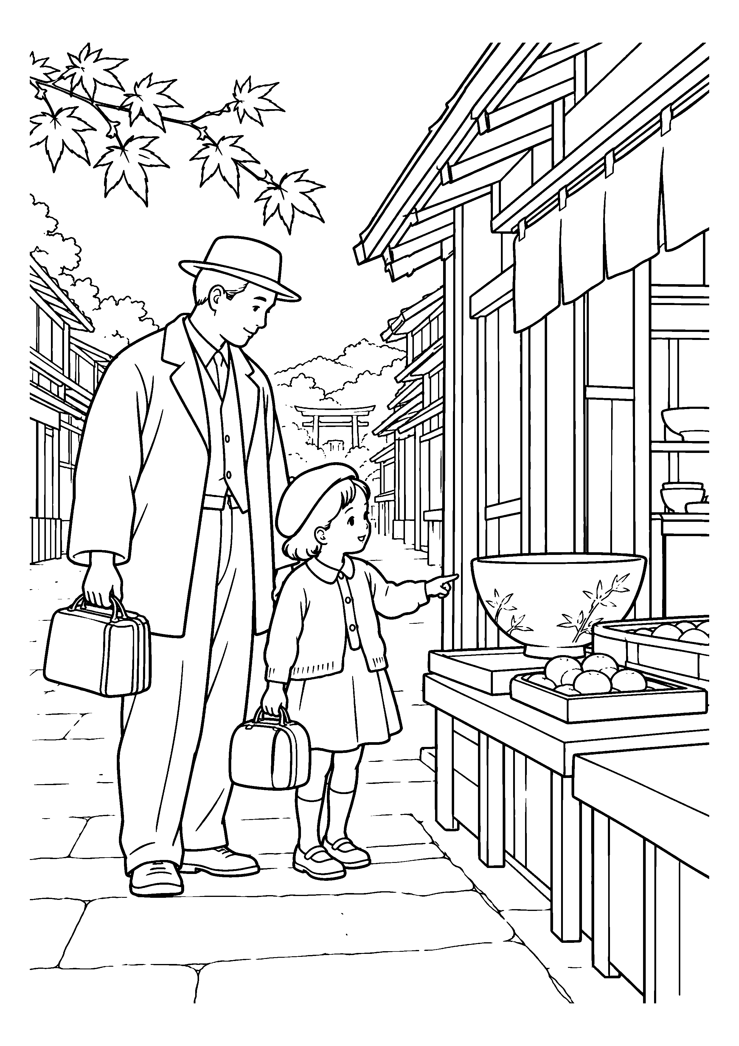 昭和２０年代後半の１１月をイメージした伊勢の昔のおはらい町の白黒塗り絵