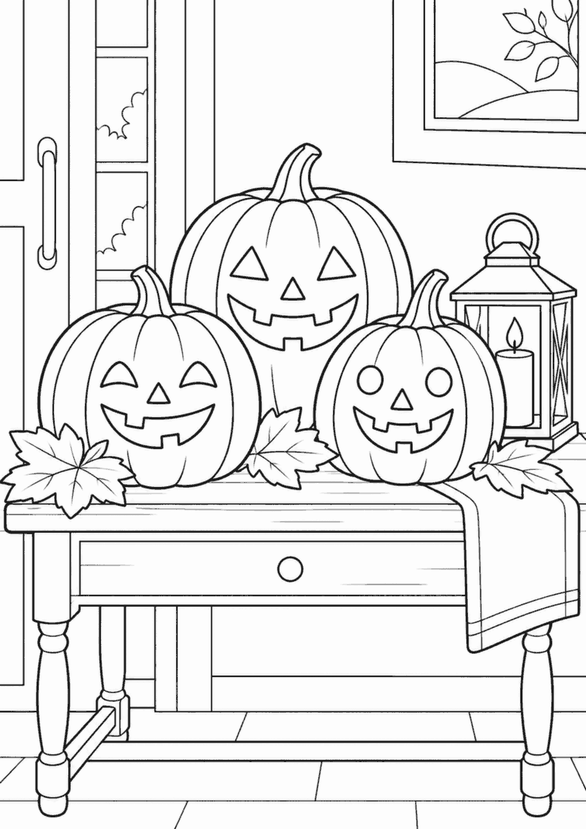 高齢者向けのかぼちゃランタン飾りを描いたハロウィンの白黒線画の塗り絵
