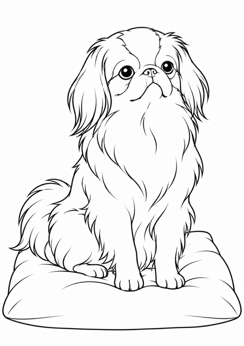 座布団に座る狆を描いた高齢者向けの白黒線画塗り絵