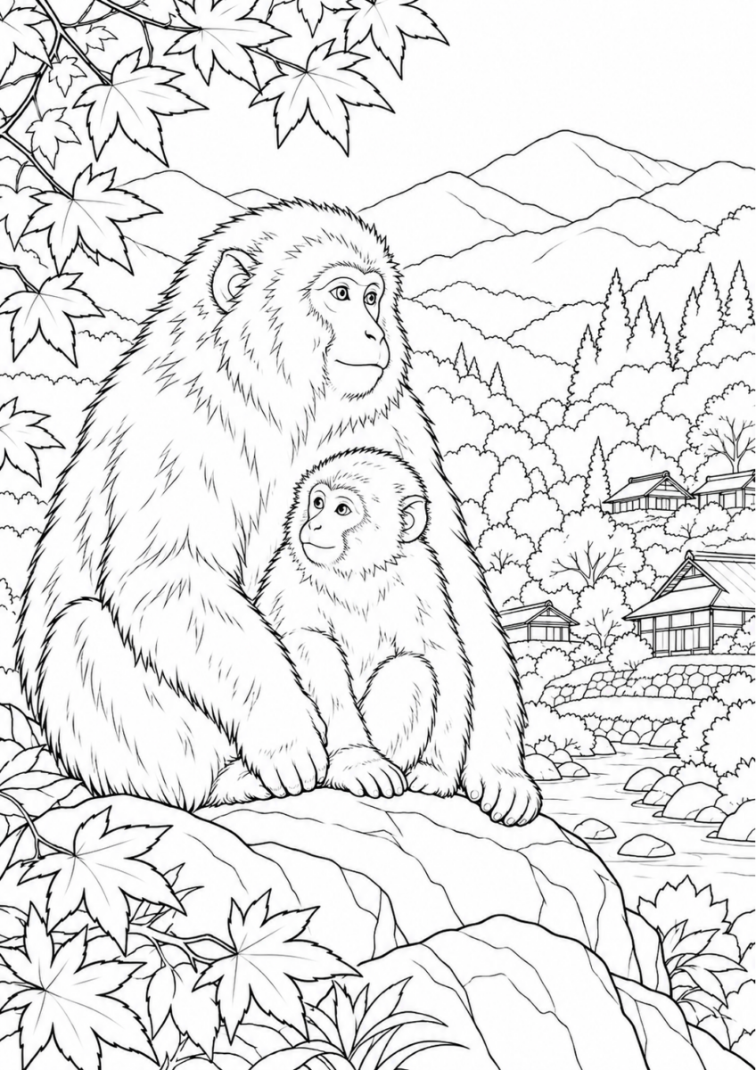 【10月】山里のニホンザルの塗り絵