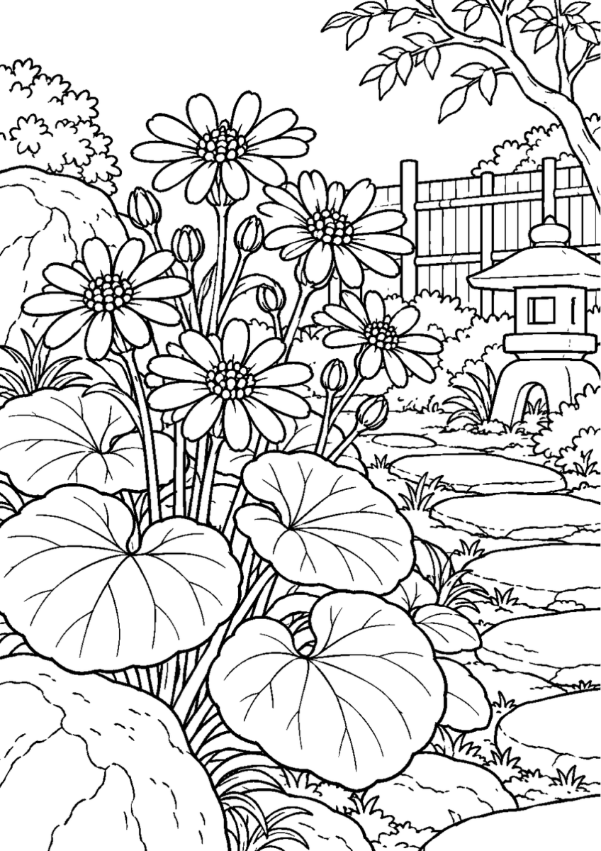 ツワブキの花を10月の場面として描いた高齢者向けの白黒線画塗り絵