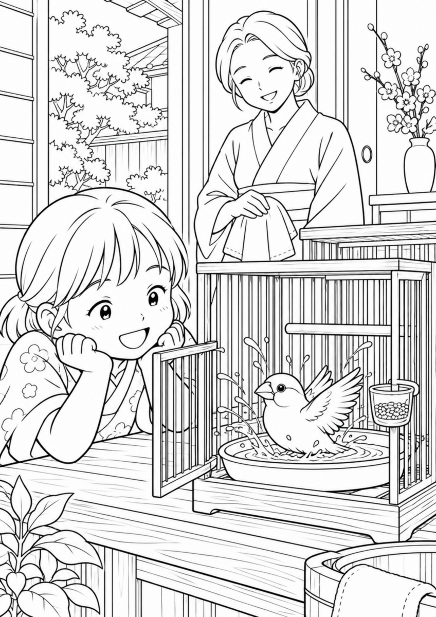 【生き物】文鳥の水浴びの塗り絵