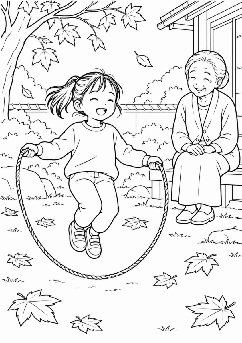 落ち葉のある庭で、子どもが太めの縄を一人で回して跳び、祖母がそばで笑顔で見守っている様子を、太く見やすい黒線で描いた高齢者向け塗り絵
