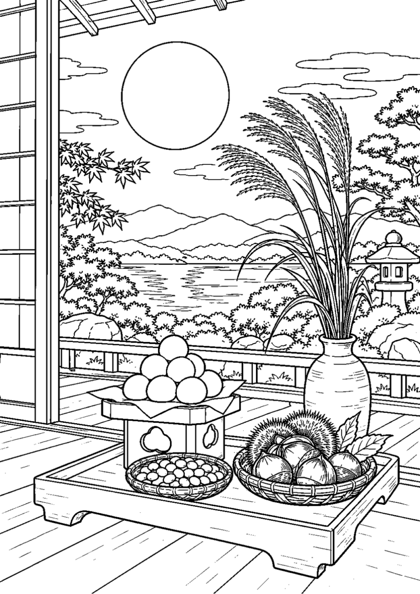 十三夜の月見飾りを10月の場面として描いた高齢者向けの白黒線画塗り絵