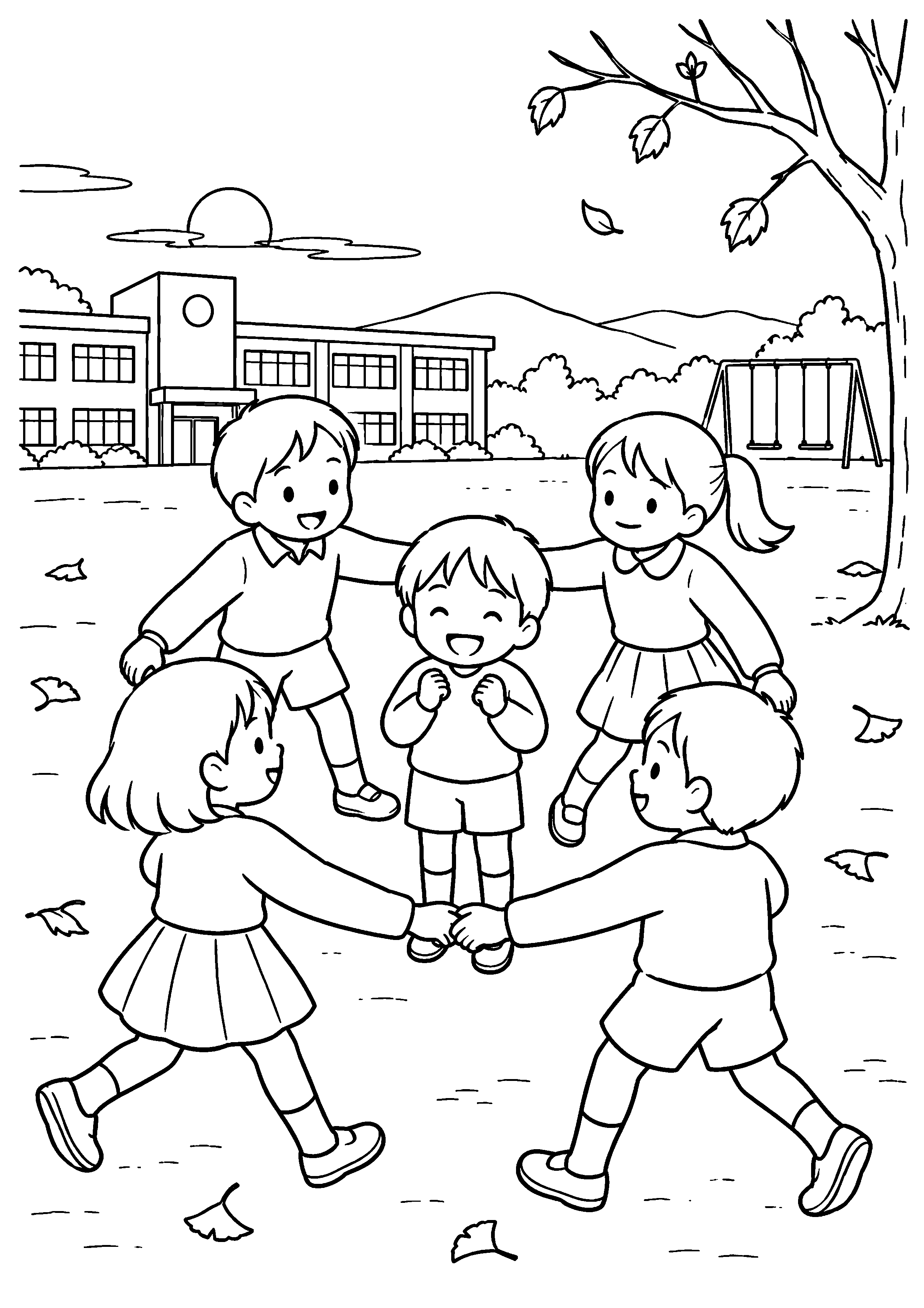 夕暮れ前の秋の校庭で、一人の子どもを囲み、友達が手をつないで輪になっている様子を、太く見やすい黒線で描いた高齢者向け塗り絵