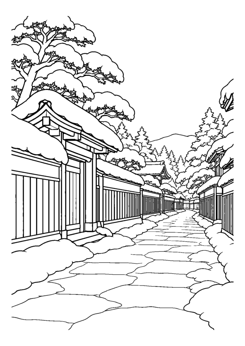 黒板塀と雪の武家屋敷通り。白黒の高齢者向け塗り絵