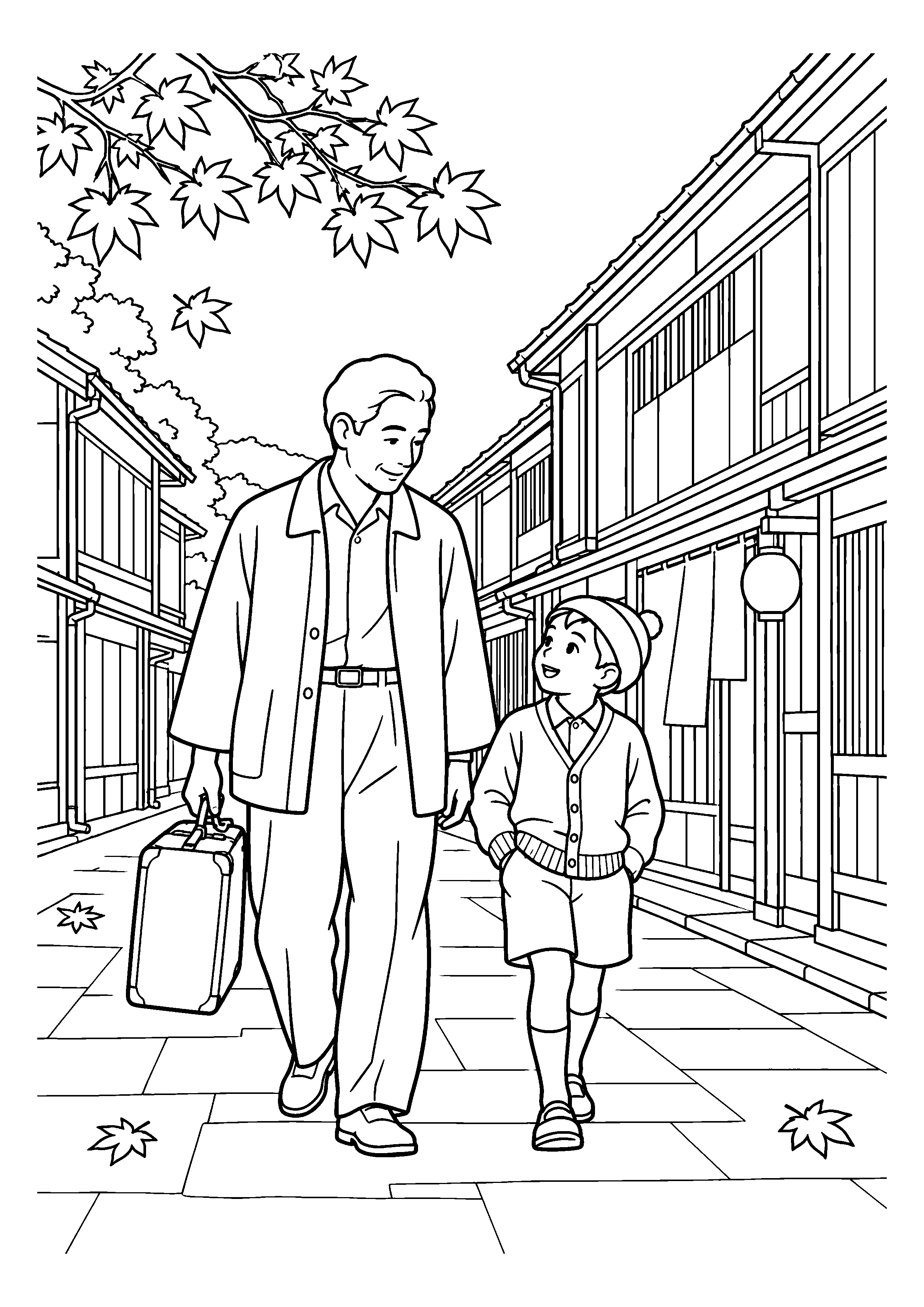 昭和２０年代後半の１１月をイメージした金沢の木格子の町並みの白黒塗り絵