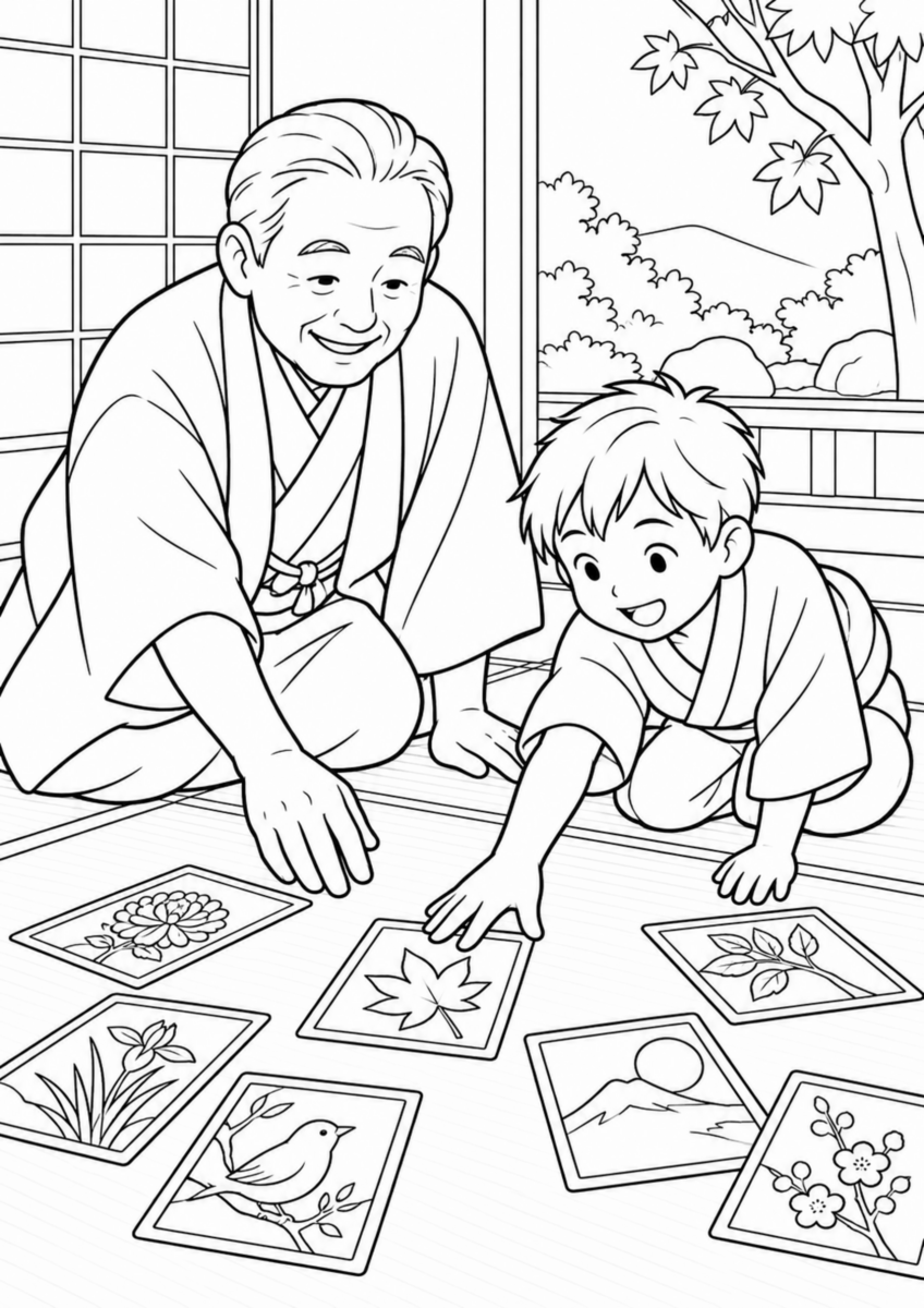 畳の部屋で、祖父母と孫が大きな絵札を囲み、読み札に合う一枚へ手を伸ばしている様子を、太く見やすい黒線で描いた高齢者向け塗り絵