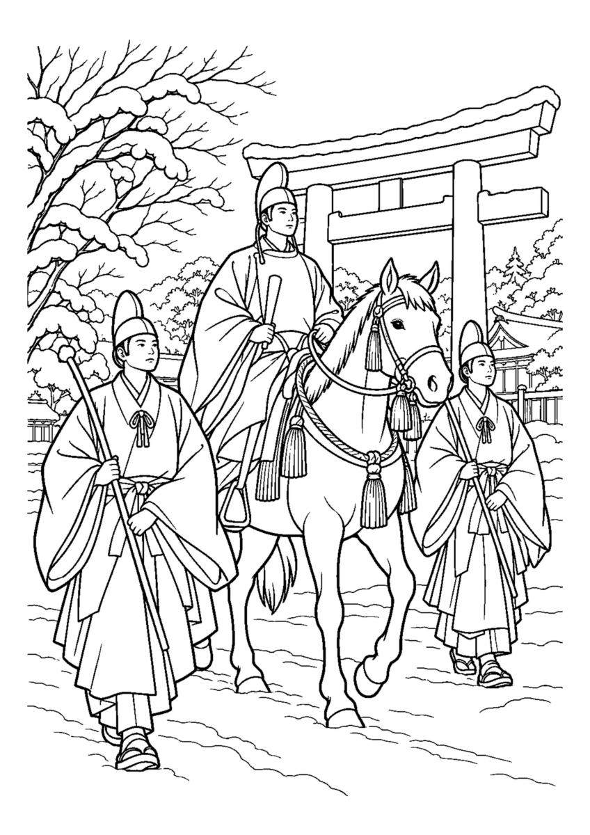 古式衣装の騎馬1人と行列2人、鳥居を背景にする。白黒の高齢者向け塗り絵