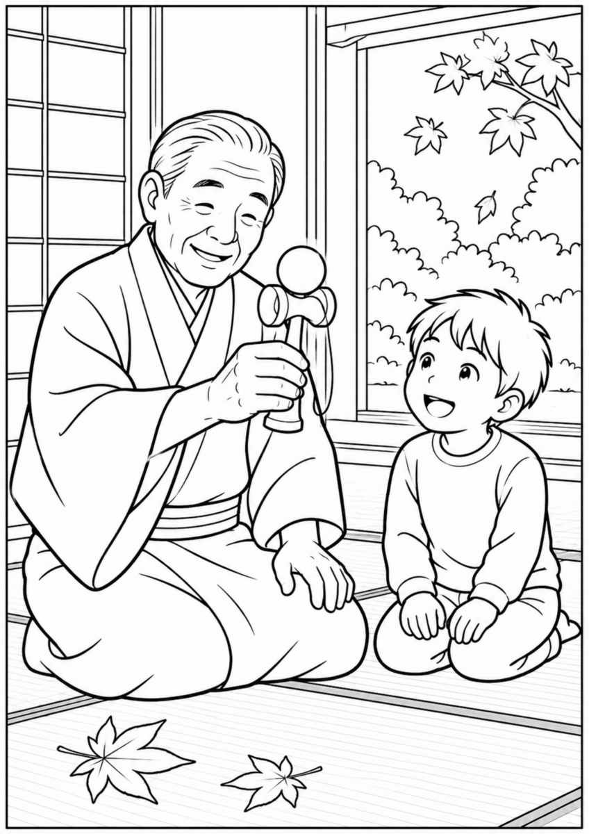 畳の部屋で、祖父が大きな木のけん玉を持って皿に玉を載せ、孫が隣で見ている様子を、太く見やすい黒線で描いた高齢者向け塗り絵