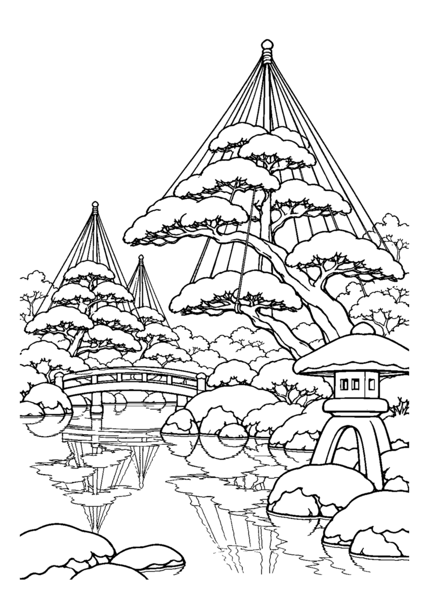 雪吊りをした松と石灯籠、池を簡潔に描く。白黒の高齢者向け塗り絵