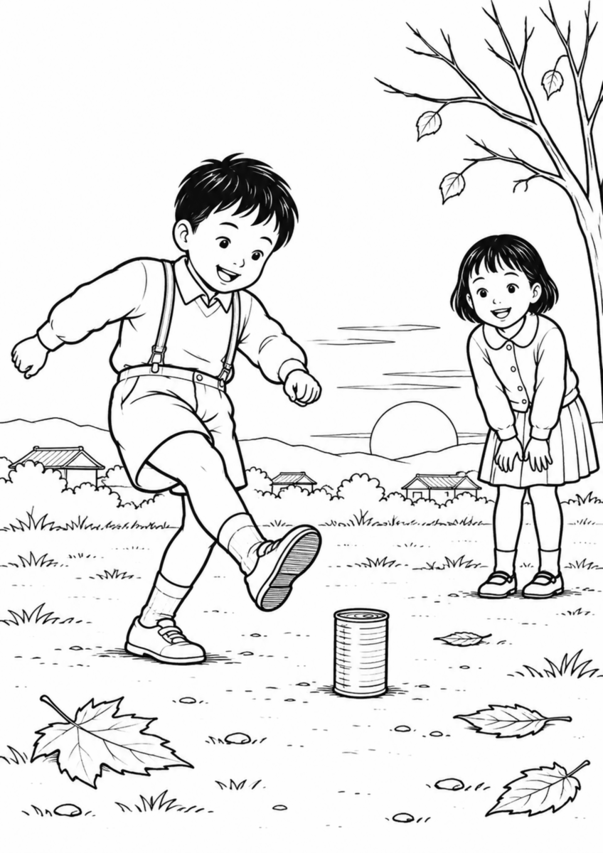 夕方の空き地で、地面に立てた一つの空き缶を子どもが蹴り、別の子どもが少し離れて見ている様子を、太く見やすい黒線で描いた高齢者向け塗り絵