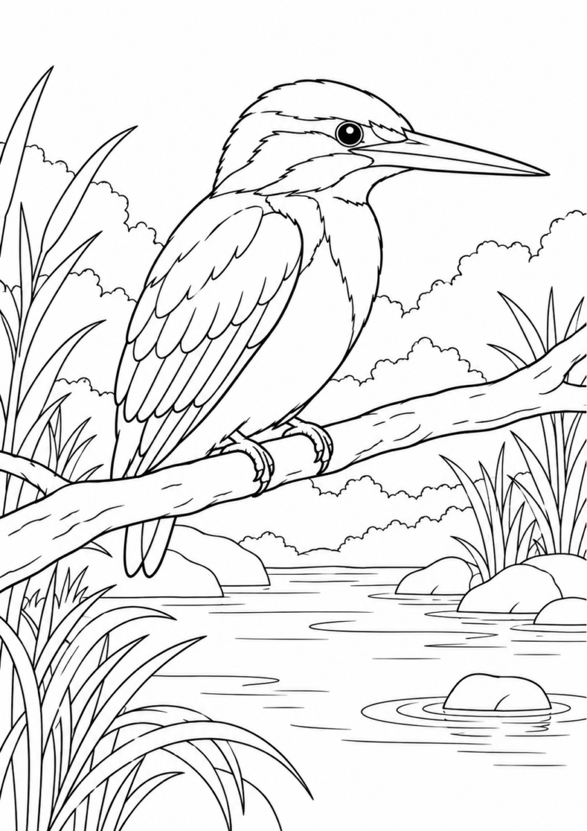 水辺のカワセミを描いた高齢者向けの白黒線画塗り絵