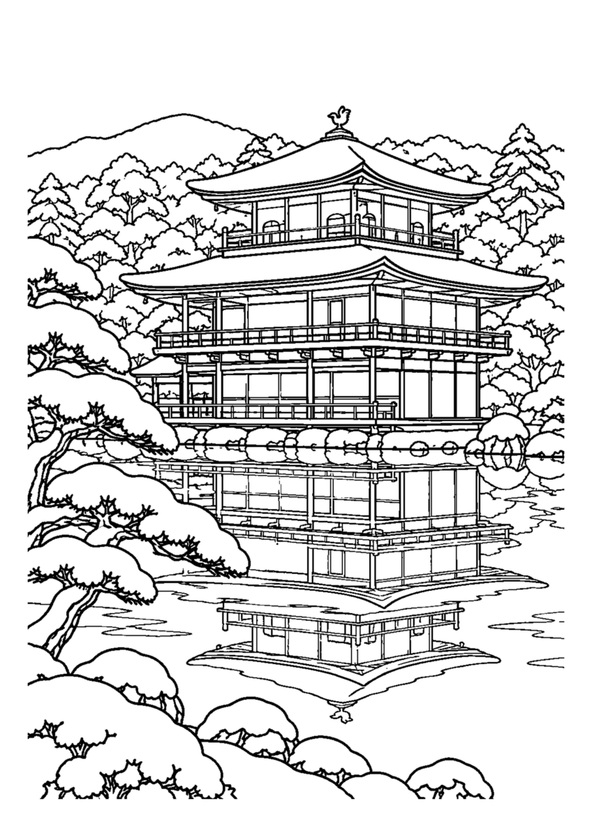 雪をのせた金閣と池の映り込み。白黒の高齢者向け塗り絵