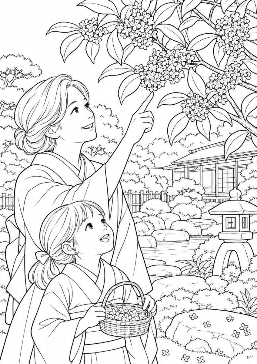 金木犀の香る庭を10月の場面として描いた高齢者向けの白黒線画塗り絵