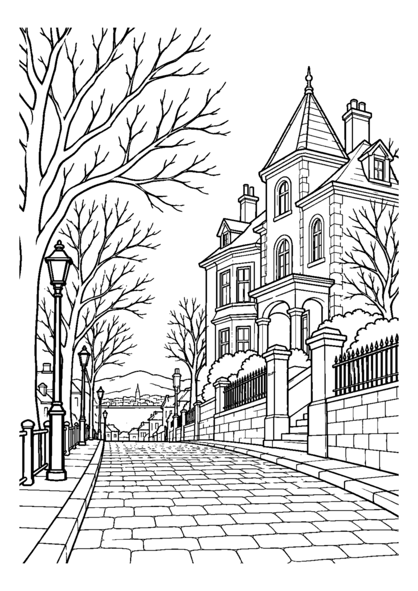 坂道の洋館と葉を落とした街路樹。白黒の高齢者向け塗り絵
