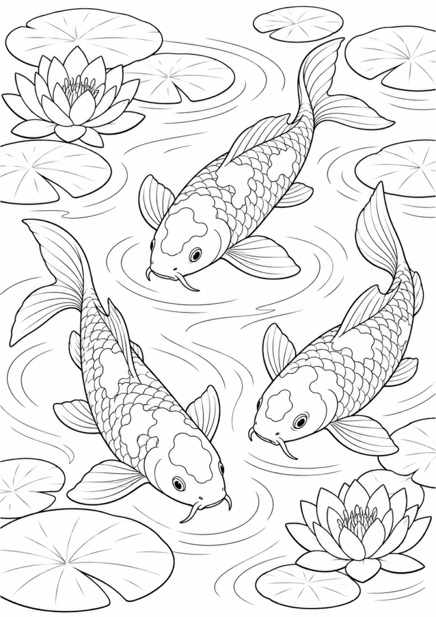池を泳ぐ錦鯉を描いた高齢者向けの白黒線画塗り絵