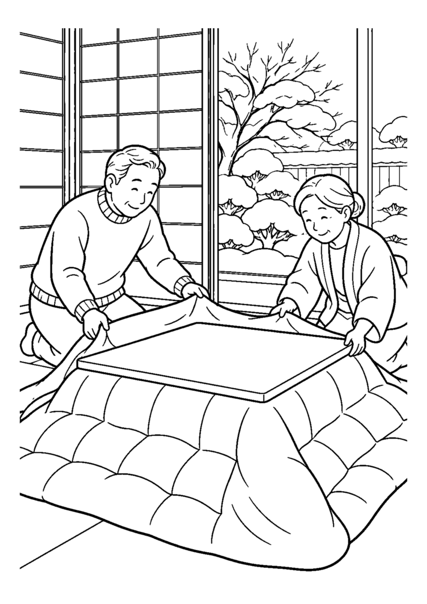 【１２月】こたつ布団を掛けるの塗り絵